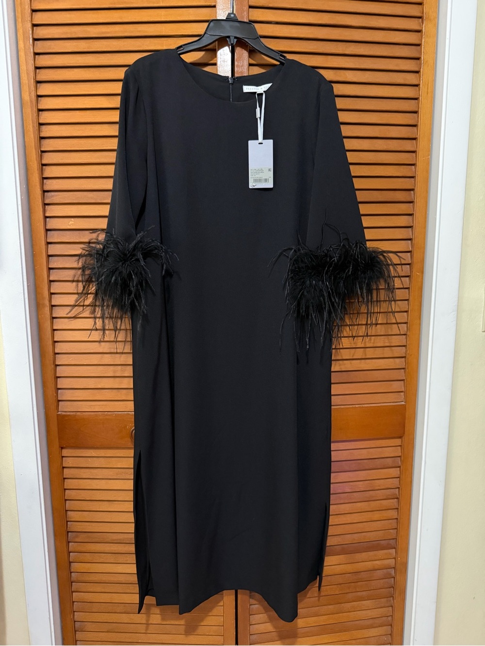 Preston & York NWT Sizes 6 and 10 Black 3/4 Sleeve Midi Dress with Feather Trim